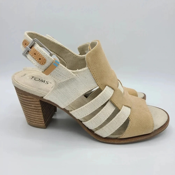 Toms Majorca NWOT Woven Suede Canvas Heels Sandals Honey Suede Yarn Dye 6.5 - Picture 2 of 14